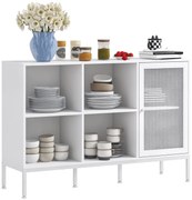 HOMCOM Dulap Modern de Depozitare cu Ușă din Plasă, 4 Compartimente Deschise și Raft Reglabil, 120x37x81.5 cm, Alb | Aosom Romania