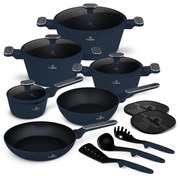 Set oale si tigai cu capace si ustensile 15 piese Deep Sea Berlinger Haus BH 8382, albastru mat, antiaderente, compatibile inductie