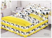 Lenjerie Pat Dublu, Bumbac Finet cu Volanase, 6 Piese - Galben Alb Cu Flori