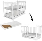 Patut din lemn masiv cu sertar, capac, bariera 120x60 cm Kidizi Isla alb si saltea cocos LUX 120x60x9 cm,reglabil pe 3 nivele, certificat EN71