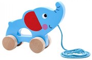 Jucarie educativa de tras din lemn masiv NOVOKIDS™ My first Tiny Elephant, Cu roti, Motricitate , Cu sfoara de tractare, Materiale Eco, Albastru