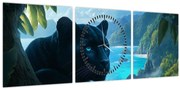 Tablou - Pantera neagră în junglă (cu ceas) (90x30 cm)