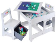 Masa cu scaune pentru copii Suporto si tabla compatibila cu piese LEGO, din MDF, Sertare Depozitare, Organizator Jucarii, Tabla de Scris, Desenat,