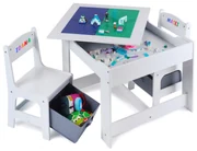 Masa cu scaune pentru copii Suporto si tabla compatibila cu piese LEGO, din MDF, Sertare Depozitare, Organizator Jucarii, Tabla de Scris, Desenat,