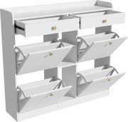 Dulap pentru pantofi cu 4 uși rabatabile, 2 sertare și 3 compartimente deschise, 110x26x100 cm, Alb