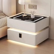 Noptieră inteligentă multifuncțională, sertar tip seif cu blocare cu parolă, încărcare Wireless, difuzor Bluetooth, iluminare LED touch în 3 culori, Alb