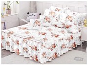 Lenjerie Pat Dublu, Bumbac Finet cu Volanase, 6 Piese - Alb Cu Floricele