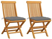 vidaXL Scaune de grădină cu perne gri, 2 buc., lemn masiv de tec