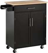 HOMCOM Cărucior de Bucătărie cu Sertar și Dulap cu 2 Uși, Insulă de Bucătărie cu roți și bară laterală, 83x45x91.5 cm, Negru | Aosom Romania