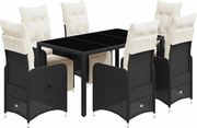 vidaXL Set bistro de grădină, 7 piese, cu perne, negru, poliratan