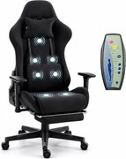 Scaun Gaming cu Masaj 7 Puncte și Încălzire, Telecomanda, Cotiere 3D, Reclinare 180°, Suport Picioare, Catifea, Negru