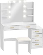 HOMCOM Masă de machiaj cu oglindă iluminată și taburet tapițat, set de machiaj cu 6 sertare și rafturi, Alb | Aosom Romania