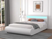 Pat A01 Tapitat Piele Ecologica 160x200cm, cu iluminare LED integrata, Alb, Saltea Ortopedica 20cm inclusa