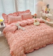 Set Lenjerie de Pat 2 Persoane Bumbac Finet Creponata Uni cu Volanase, 6 Piese - Roz