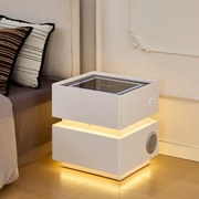 ELÉVIA — Noptieră inteligentă cu încărcare Wireless, Bluetooth Stereo, iluminare RGB, USB + Type-C și senzor de mișcare, Alb