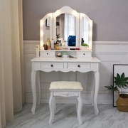 Set Aniela, Masă de toaletă cu 3 oglinzi iluminate LED, control touch, 4 sertare, scaun, Alb