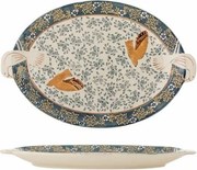 Platou de servire din ceramică albastră cu decor pasăre și model gravat pictat manual, 3,5x34x25 cm, "Hezha"