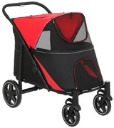 PawHut Cărucior Pliabil pentru Câini cu 4 Roți, Intrări cu Fermoar și Ferestre din Plasă, 112x65x100 cm, Roșu | Aosom Romania