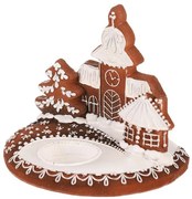 Sfeșnic din turtă dulce cu biserică - poliresină,maro-alb