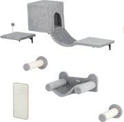 PawHut Perete de cățărat pentru pisici 6 piese set de cățărat cu căsuță pentru pisici, hamac, platformă placă de zgâriat Gri | Aosom Romania