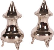Set solniță și pipernită din alamă lucrată manual, argintiu, pe picioare cu volute, aspect vintage, finisaj nichelat, 10 x 5 cm, „Sheffield”