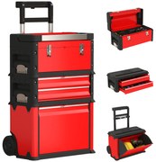 HOMCOM Lot de 3 cutii de unelte pe roți empilabile și modulare din oțel cu tavă, mânere și lacăt, roșu | Aosom Romania