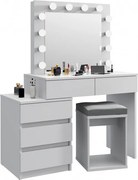 Masuta machiaj cu Oglinda LED si 5 Sertare pentru Cosmetice, Set Masa toaleta 112 cm, Alb, masuta cosmetica, vanity - SEA539