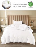 Lenjerie pat single, BUMBAC FINET, 4 piese, cu ELASTIC - Uni Alb