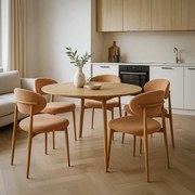 Scaun dining bej din material boucle cu cadru metalic cu aspect lemnos BUC 283