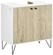 kleankin Dulap sub lavoar, mobilier de baie cu 2 uși, picioare din oțel, 60 x 30 x 60 cm, alb și lemn natural | Aosom Romania