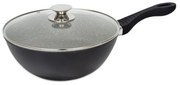 Tigaie Wok, 26 cm, Interior din Granit (Anti-Aderent), Mâner Ebonită, Capac din Sticlă Termorezistentă, Bază 3 Straturi (Inducție), Negru