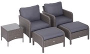 Outsunny Set Mobilier de Grădină din Ratan 5 Piese, 2 Fotolii, 2 Pouf, Măsuță de Cafea cu Sticlă, Perne Decorative, Gri | Aosom Romania