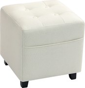 HOMCOM Suport pentru picioare pentru living, ottoman, scaun tapițat capitonat din material cu aspect de in cu buzunar lateral, 35 x 35 x 35 cm, cremă | Aosom Romania