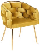 Scaun dining, tapiterie catifea, cadru metalic auriu, Galben mustar