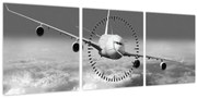 Tablou - Avion în nori, alb și negru (cu ceas) (90x30 cm)