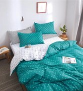 Lenjerie Pat Dublu, 4 Piese, Bumbac Satinat Superior - Turcoaz Alb