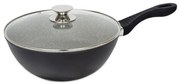 Tigaie Wok, 28 cm, Interior din Granit (Anti-Aderent), Mâner Ebonită, Capac din Sticlă Termorezistentă, Bază 3 Straturi (Inducție), Negru