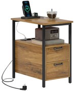 HOMCOM Masa auxiliară masa de noapte cu 2 prize port USB 1 priză tip C cablu de 143 cm sertare și raft lemn natural | Aosom Romania