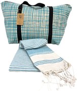 Set elegant geanta de plaja + prosop HAMAM 75x150 cm, turcoaz
