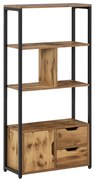 HOMCOM Biblioteca cu 3 Rafturi, Dulap si 2 Sertare, Biblioteca Stil Industrial din PAL si Metal, 58x24x122 cm, Negru si Lemn natur | Aosom Romania