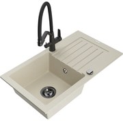 Mexen Pablo chiuvetă din granit cu o singură cuvă cu scurgător și baterie de bucătărie Duo, bej - 6510-69-671701-70-B