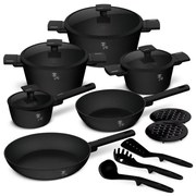 Set oale si tigai cu capace 15 Matte Black Piese Berlinger Haus BH 8198, negre, antiaderente, compatibile inductie