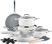 Set de oale si tigai Swiss Haus SH-CC4014CR, 14 piese, Acoperire ceramica Sapphire, Inductie, Cuptor pana la 220°C, Fara PFAS, Crem
