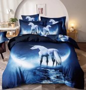 Lenjerie de Pat cu Elastic, Imprimeu 3D, 4 Piese, Bumbac Finet, pentru pat 1 Persoana, Unicorn Alb