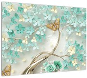 Tablou pe sticlă cu flori și fluturi (70x50 cm)