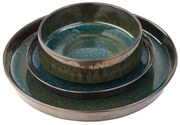 Set 3 Piese Verometal Glazura Albastru Verde Metalic Bronz Metalic Gri, Mat Argintiu ( Farfurie 25 cm, Farfurie 20 cm si Bol 450 ml )