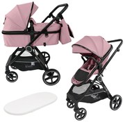 Carucior multifunctional transformabil 2 in 1 Kidizi Moveo roz, include saltea pentru landou si geanta pentru accesorii, cadru negru