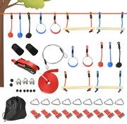 Outsunny Parcurs de obstacole ninja pentru copii, 30 accesorii și sac de transport, slackline 10 m, albastru/negru/roșu | Aosom Romania