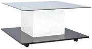 Măsuță de cafea modernă din sticlă lucioasă cu bandă LED reglabilă și roți pivotante, 80×80×40 cm, Alb+Negru