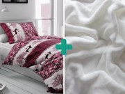 2x lenjerie de pat din microplus CHRISTMAS RENEER visiniu + cearceaf microplus SOFT 180x200 cm alb